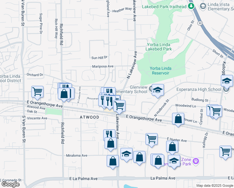 map of restaurants, bars, coffee shops, grocery stores, and more near 121 South Lakeview Avenue in Anaheim