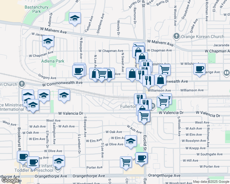 map of restaurants, bars, coffee shops, grocery stores, and more near 128 South Citrus Avenue in Fullerton