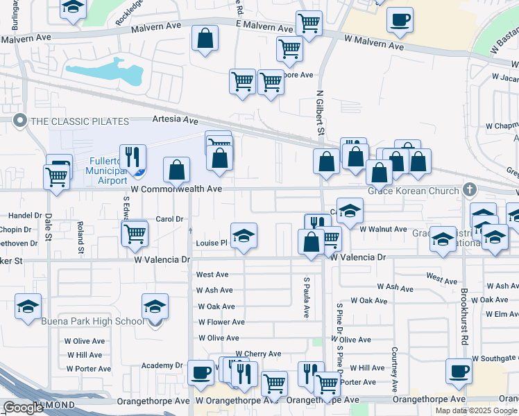 map of restaurants, bars, coffee shops, grocery stores, and more near 3216 Carol Drive in Fullerton