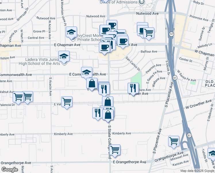 map of restaurants, bars, coffee shops, grocery stores, and more near 2334 East Santa Fe Avenue in Fullerton