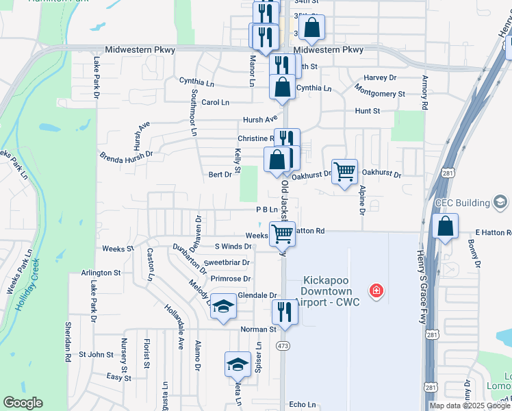 map of restaurants, bars, coffee shops, grocery stores, and more near 1514 P B Lane in Wichita Falls