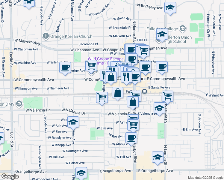 map of restaurants, bars, coffee shops, grocery stores, and more near 250 West Santa Fe Avenue in Fullerton