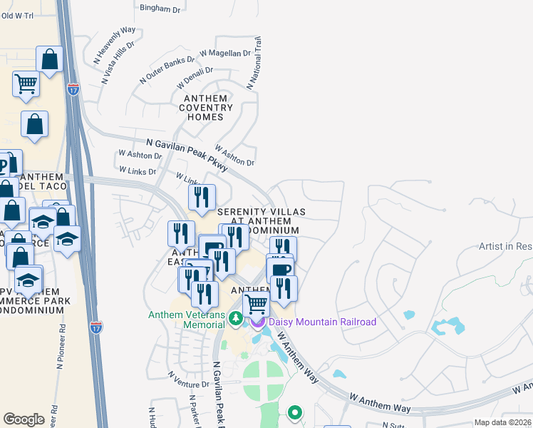map of restaurants, bars, coffee shops, grocery stores, and more near 42424 North Gavilan Peak Parkway in New River