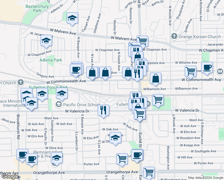 map of restaurants, bars, coffee shops, grocery stores, and more near 128 South Citrus Avenue in Fullerton