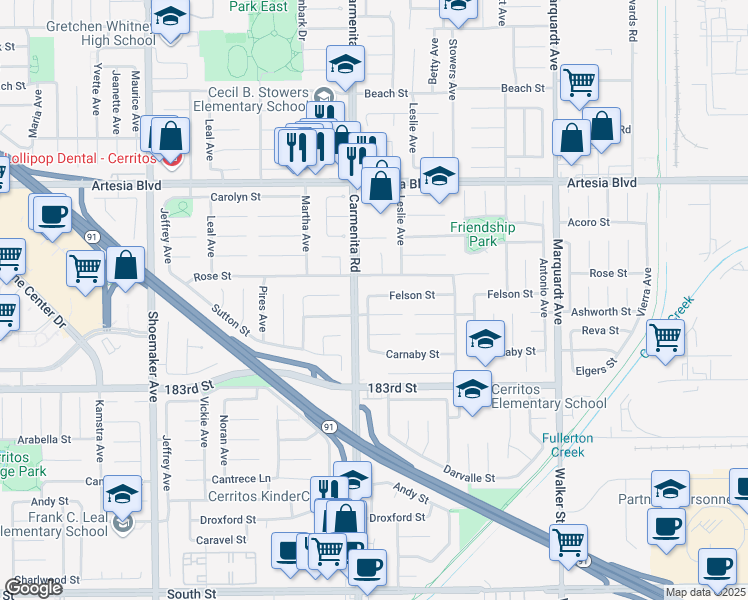 map of restaurants, bars, coffee shops, grocery stores, and more near 17818 Holmes Avenue in Cerritos