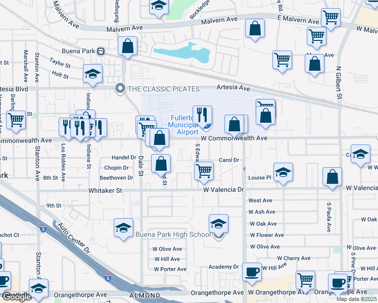 map of restaurants, bars, coffee shops, grocery stores, and more near 4111 Carol Drive in Fullerton