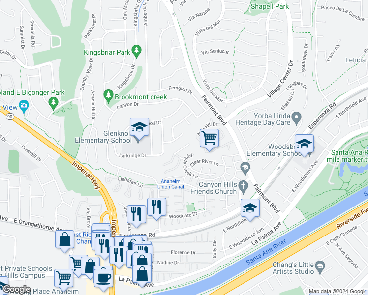 map of restaurants, bars, coffee shops, grocery stores, and more near 19964 Ridge Manor Way in Yorba Linda