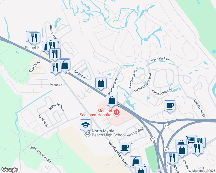 map of restaurants, bars, coffee shops, grocery stores, and more near 5 Plantation Drive in Little River