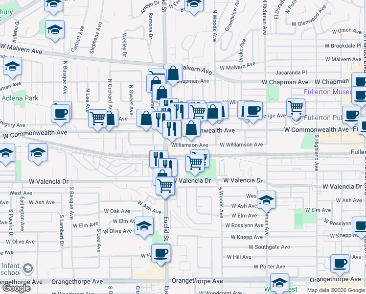 map of restaurants, bars, coffee shops, grocery stores, and more near 820 Williamson Avenue in Fullerton