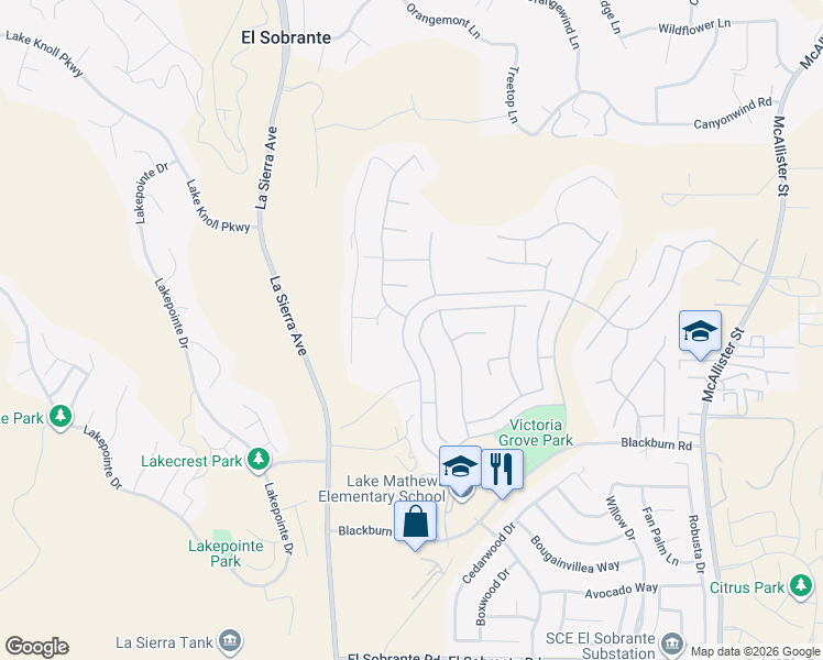 map of restaurants, bars, coffee shops, grocery stores, and more near 12195 Brianwood Drive in Riverside