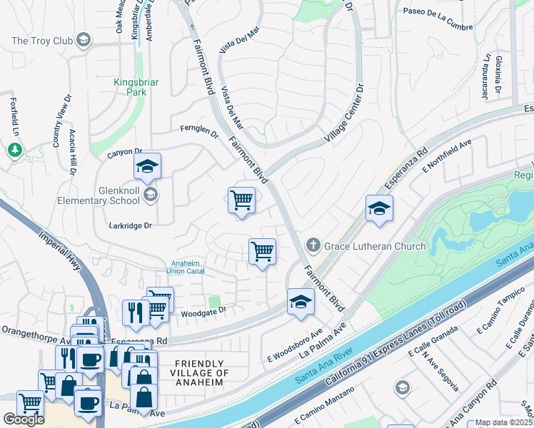map of restaurants, bars, coffee shops, grocery stores, and more near 20150 Berkeley Way in Yorba Linda