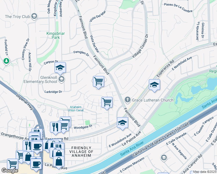 map of restaurants, bars, coffee shops, grocery stores, and more near 20150 Berkeley Way in Yorba Linda