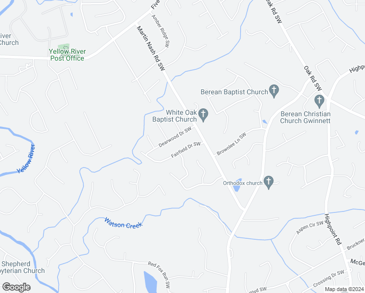 map of restaurants, bars, coffee shops, grocery stores, and more near 1422 Fairfield Drive Southwest in Lilburn