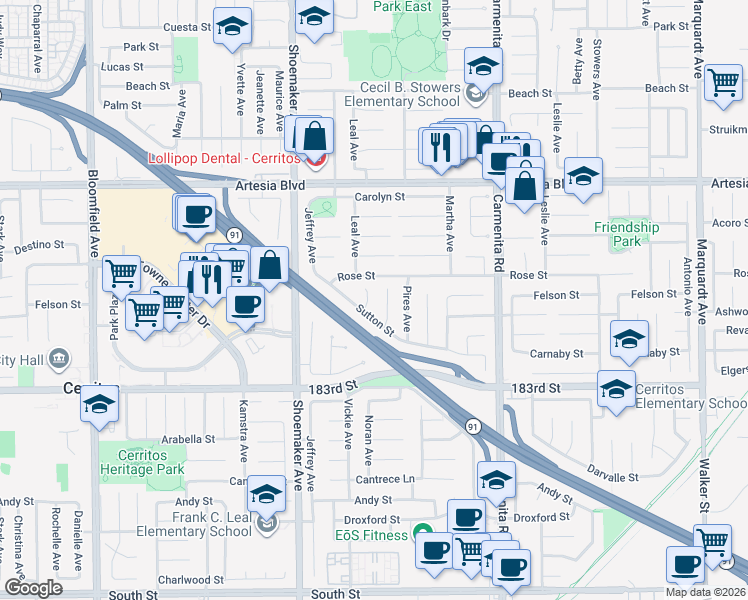 map of restaurants, bars, coffee shops, grocery stores, and more near 17818 Noran Circle in Cerritos