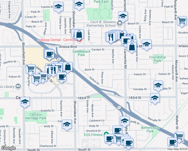 map of restaurants, bars, coffee shops, grocery stores, and more near 17818 Noran Circle in Cerritos