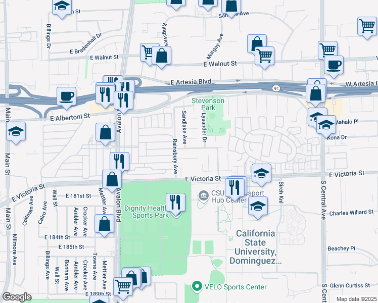 map of restaurants, bars, coffee shops, grocery stores, and more near 820 East Meadbrook Street in Carson
