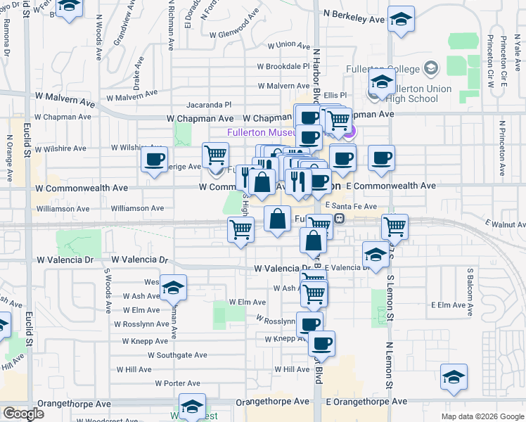 map of restaurants, bars, coffee shops, grocery stores, and more near 250 West Santa Fe Avenue in Fullerton