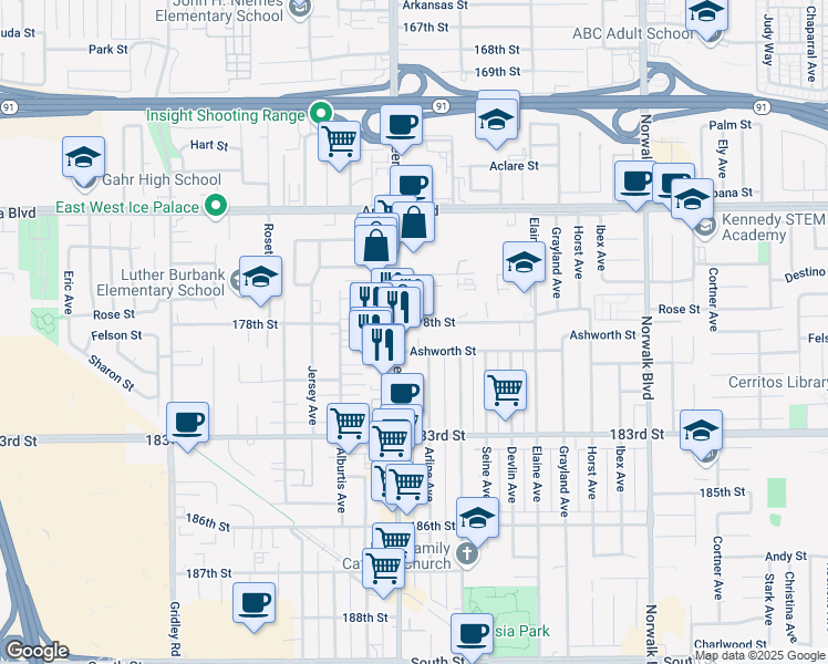 map of restaurants, bars, coffee shops, grocery stores, and more near 11827 Ashworth Street in Artesia