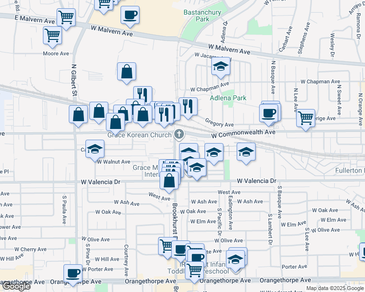 map of restaurants, bars, coffee shops, grocery stores, and more near 150 South Brookhurst Road in Fullerton