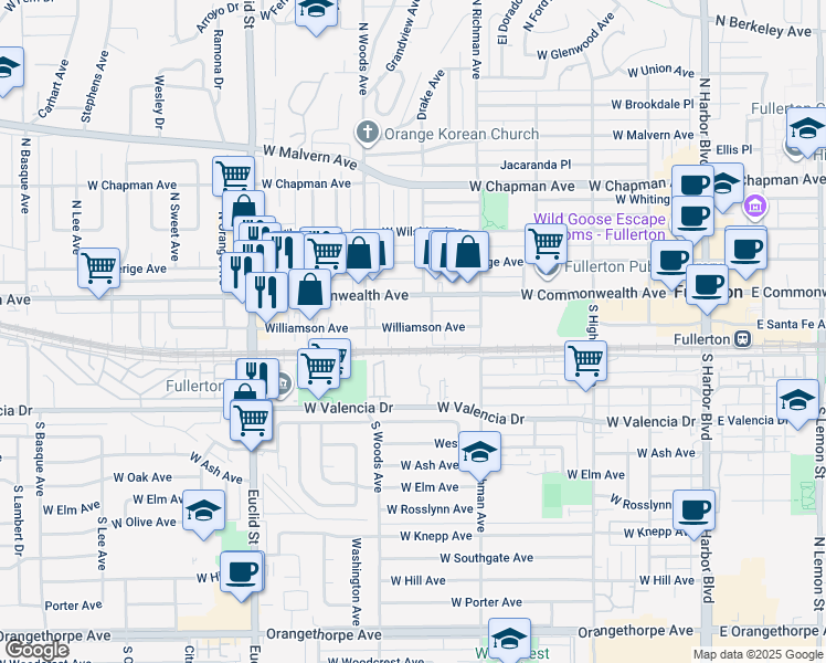 map of restaurants, bars, coffee shops, grocery stores, and more near 628 Williamson Avenue in Fullerton