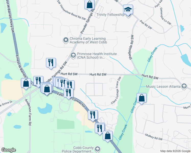 map of restaurants, bars, coffee shops, grocery stores, and more near 2315 Hurt Road Southwest in Marietta