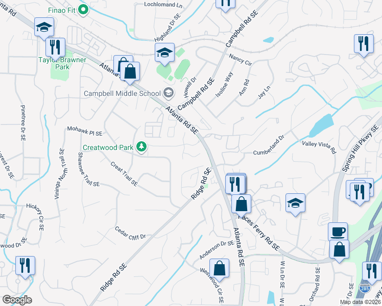 map of restaurants, bars, coffee shops, grocery stores, and more near 2000 Belridge Court in Smyrna
