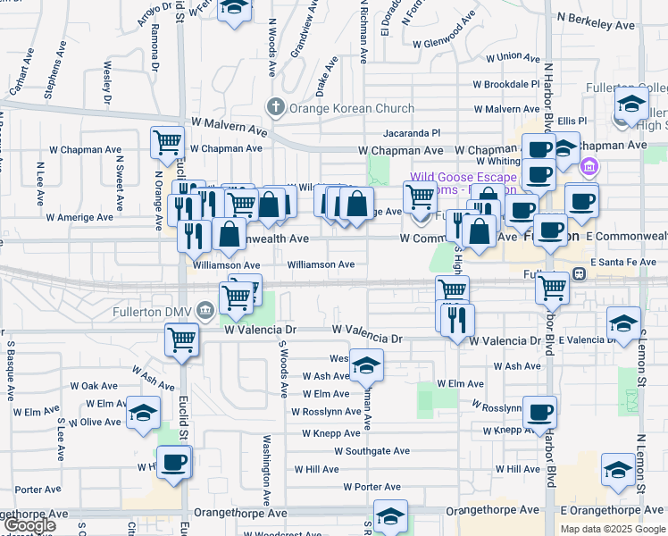 map of restaurants, bars, coffee shops, grocery stores, and more near 550 Williamson Avenue in Fullerton