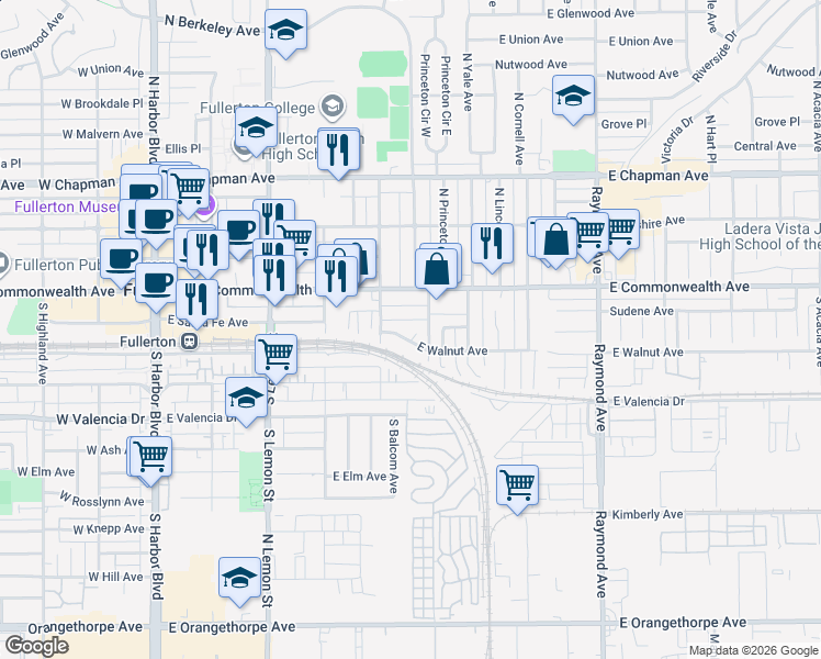 map of restaurants, bars, coffee shops, grocery stores, and more near 516 East Walnut Avenue in Fullerton