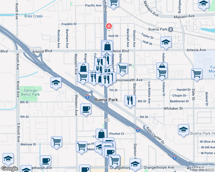 map of restaurants, bars, coffee shops, grocery stores, and more near 6286 Beach Boulevard in Buena Park