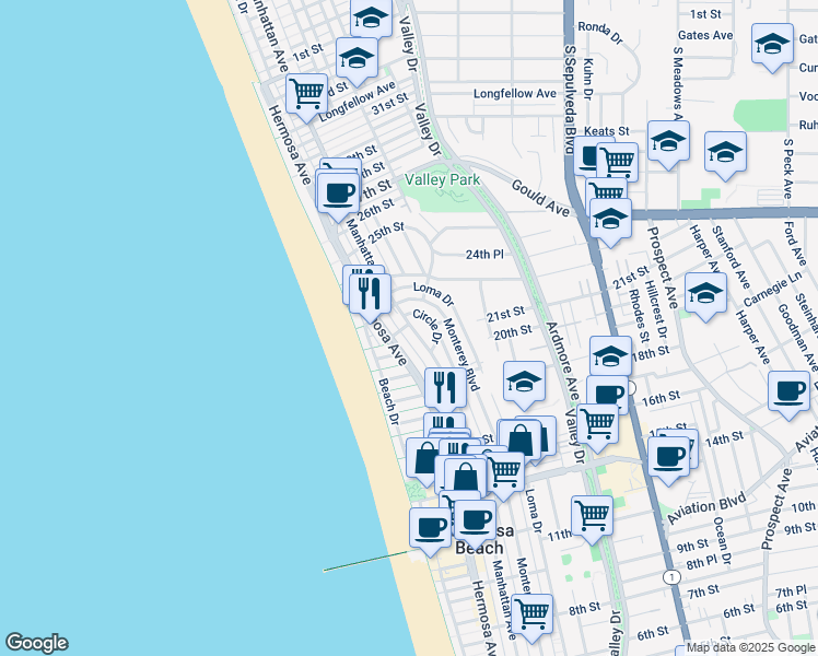 map of restaurants, bars, coffee shops, grocery stores, and more near 2071 Manhattan Avenue in Hermosa Beach