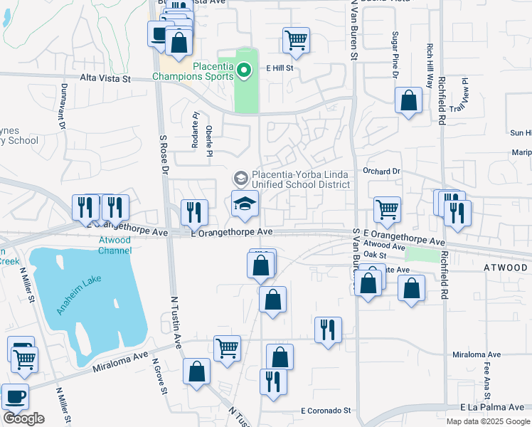 map of restaurants, bars, coffee shops, grocery stores, and more near in Placentia