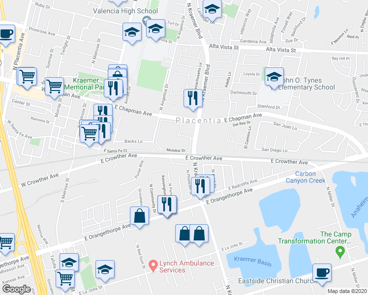 map of restaurants, bars, coffee shops, grocery stores, and more near 3059 East Cardinal Street in Anaheim