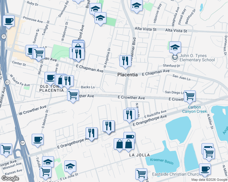 map of restaurants, bars, coffee shops, grocery stores, and more near 3059 East Cardinal Street in Anaheim