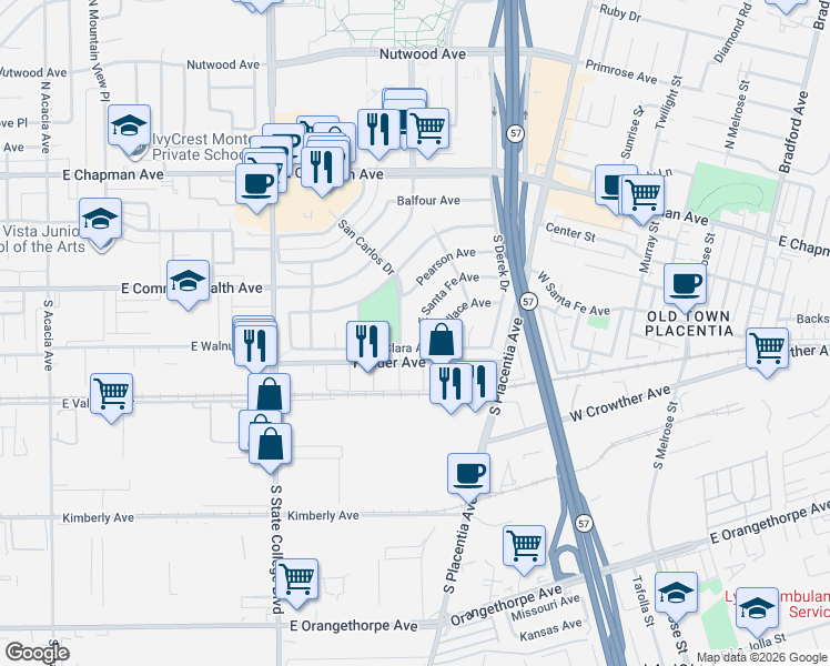 map of restaurants, bars, coffee shops, grocery stores, and more near 2524 Santa Clara Avenue in Fullerton