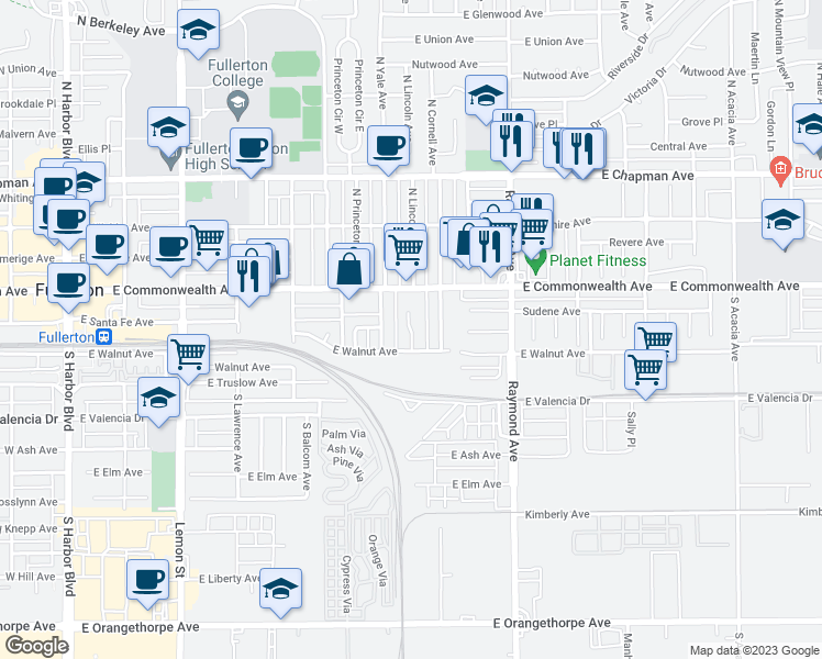 map of restaurants, bars, coffee shops, grocery stores, and more near 905 East Walnut Avenue in Fullerton
