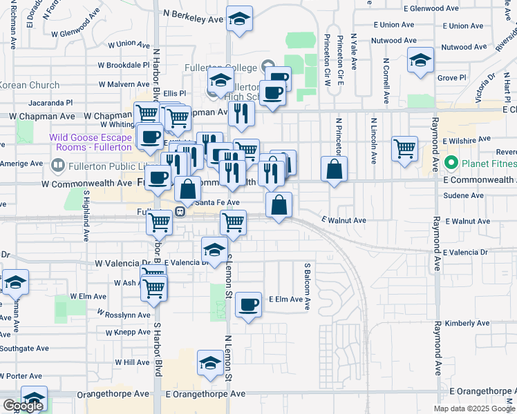 map of restaurants, bars, coffee shops, grocery stores, and more near 336 East Santa Fe Avenue in Fullerton