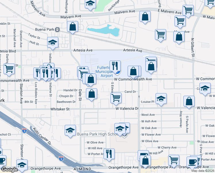 map of restaurants, bars, coffee shops, grocery stores, and more near 4109 Carol Drive in Fullerton