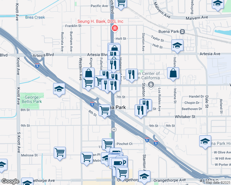 map of restaurants, bars, coffee shops, grocery stores, and more near 6286 Beach Boulevard in Buena Park