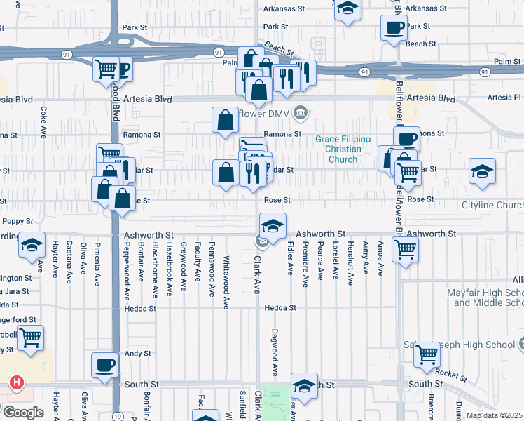 map of restaurants, bars, coffee shops, grocery stores, and more near 6221 Clark Avenue in Lakewood