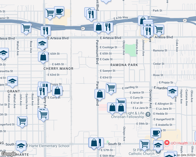 map of restaurants, bars, coffee shops, grocery stores, and more near 6256 Paramount Boulevard in Long Beach