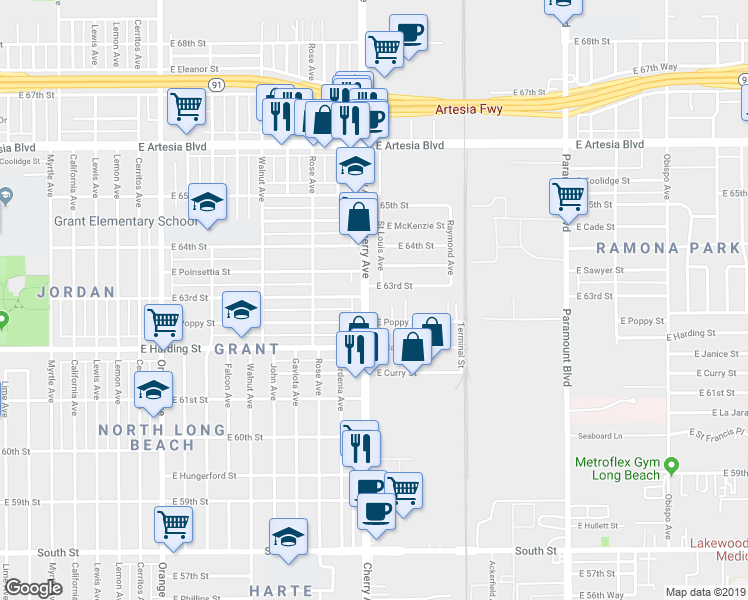 map of restaurants, bars, coffee shops, grocery stores, and more near 6256 Cherry Avenue in Long Beach