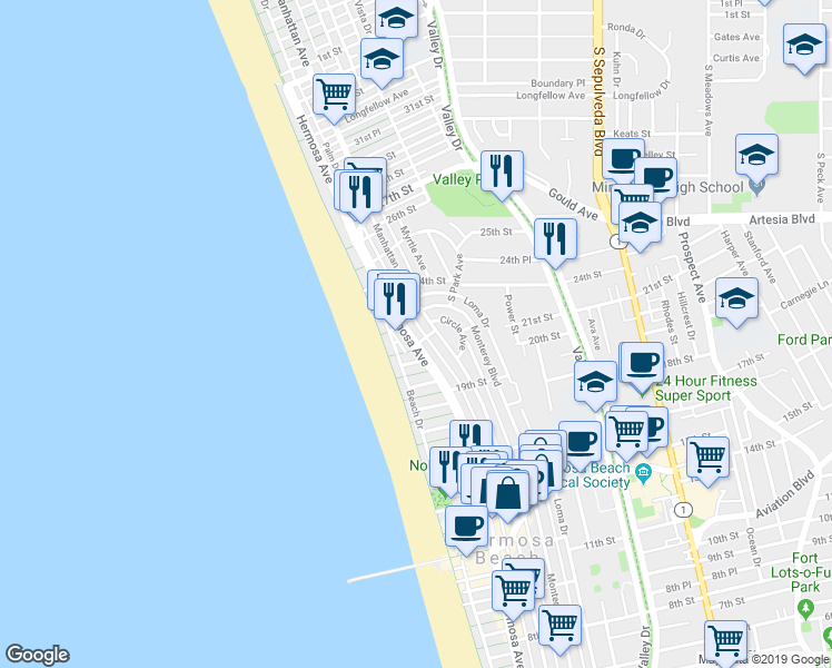 map of restaurants, bars, coffee shops, grocery stores, and more near 2044 Hermosa Avenue in Hermosa Beach