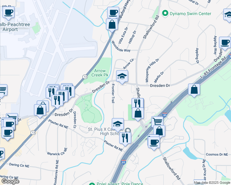 map of restaurants, bars, coffee shops, grocery stores, and more near 2793 Frontier Trail in Chamblee