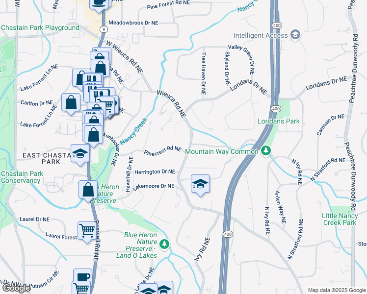 map of restaurants, bars, coffee shops, grocery stores, and more near 4276 Wieuca Road Northeast in Atlanta