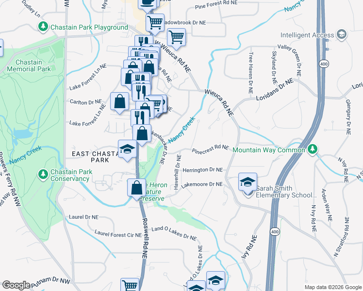 map of restaurants, bars, coffee shops, grocery stores, and more near 321 Pinecrest Road Northeast in Atlanta