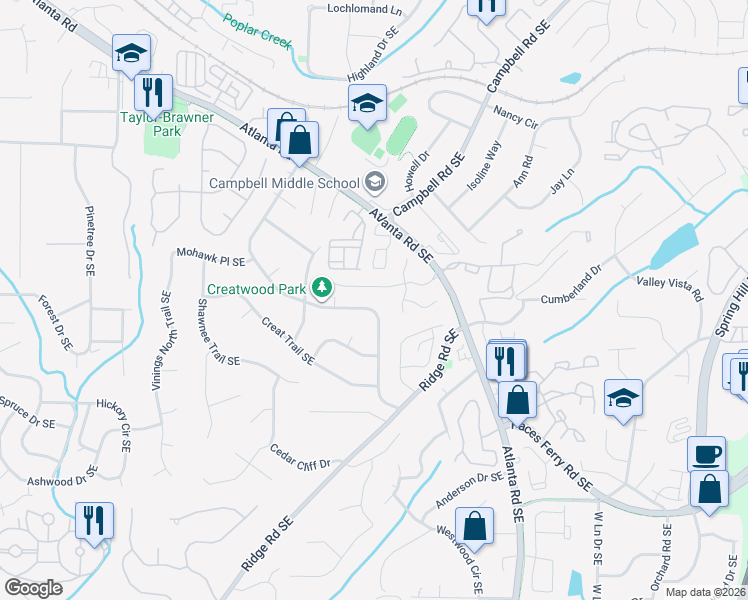 map of restaurants, bars, coffee shops, grocery stores, and more near 3495 Creatwood Trail Southeast in Smyrna