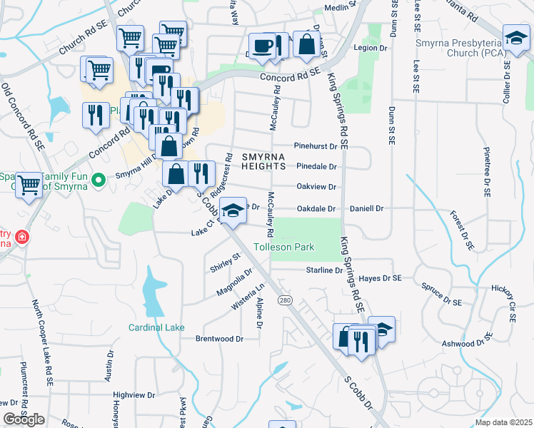 map of restaurants, bars, coffee shops, grocery stores, and more near 1042 Oakdale Drive in Smyrna