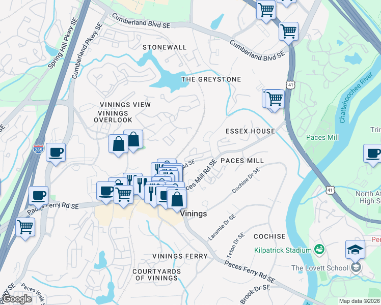 map of restaurants, bars, coffee shops, grocery stores, and more near 3048 Vinings Ridge Drive Southeast in Atlanta