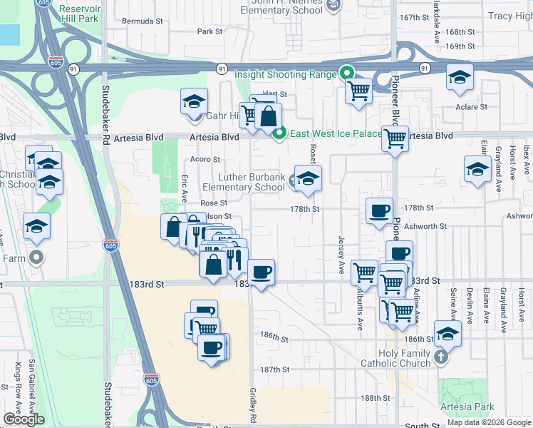 map of restaurants, bars, coffee shops, grocery stores, and more near 17828 1/2 Gridley Road in Artesia