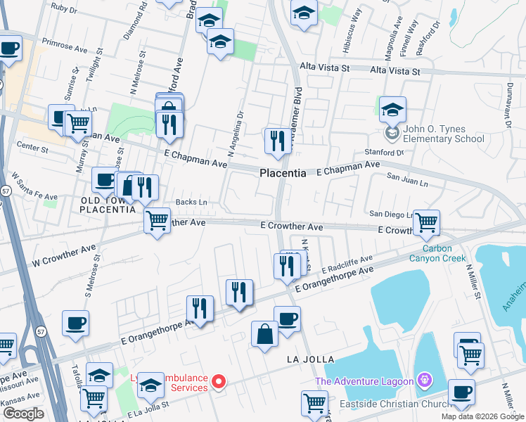 map of restaurants, bars, coffee shops, grocery stores, and more near 3059 East Cardinal Street in Anaheim